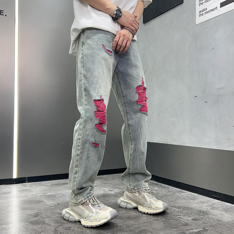 2024Washed jeans for men, American fashion brand ripped pants, trendy loose straight leg men's denim pants