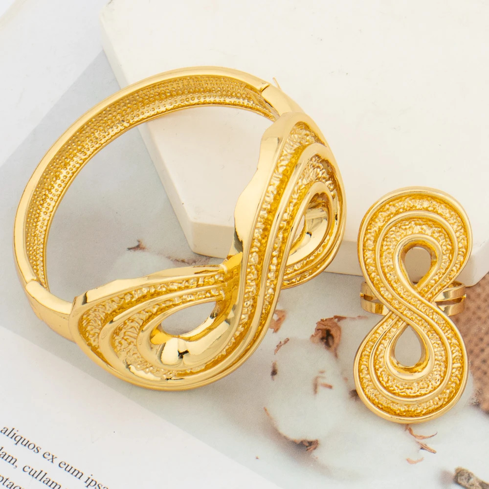 Cuff Bangle and Ring Jewelry Set for Dubai African 18k Gold Color Hand Bracelet Cocktail Ring Jewelry Set for Weddings Bride 240717