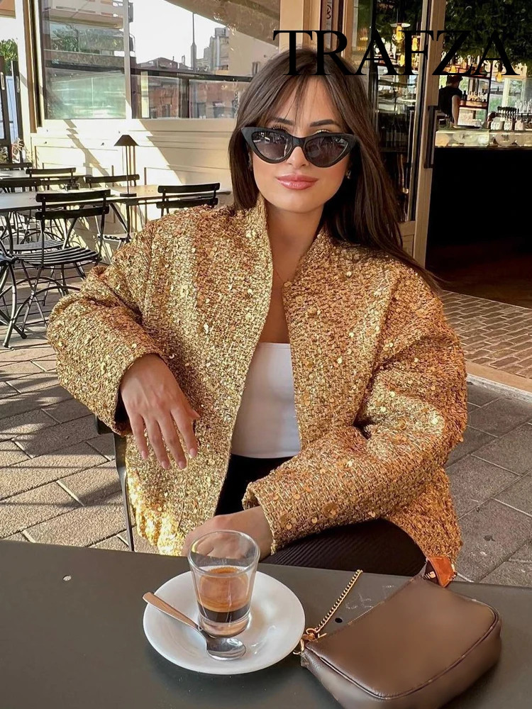 TRAFZA Women Trend Gold Sequin Decoration Loose Short Jacket Woman Fashion Coat Versatile Warm Chic And Elegant Female Coats