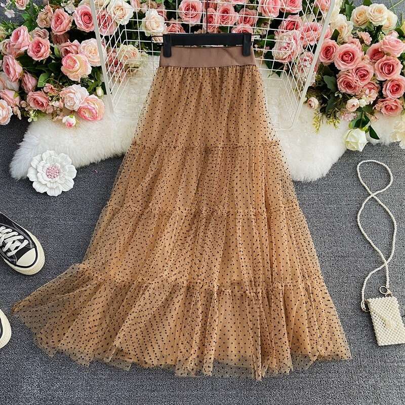 Summer New High Waisted Mid Large Hem Mesh Puffy Cake with Elastic Knee Length A-line Skirt for Women Long Summer Dress Loose Novelty Pregnant Womens 