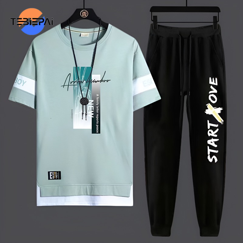 Men's casual sports Korean version loose fitting youth student short sleeved T-shirt trend two-piece set bu men