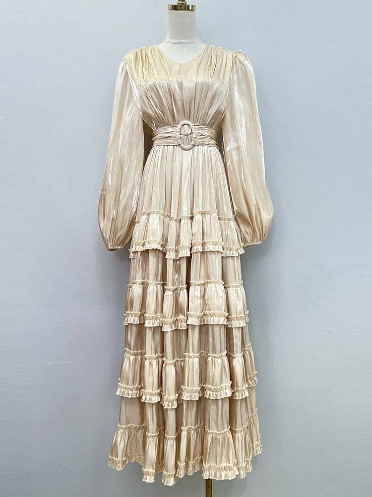 VGH Patchwork Edible Tree Fungus Elegant Dresses For Women Round Neck Puff Sleeve High Waist Temperament Tunic Dress Female 240712