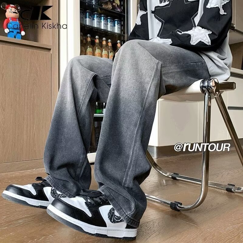 American high street jeans spring new style loose gradient straight leg trendy brand men's casual pants