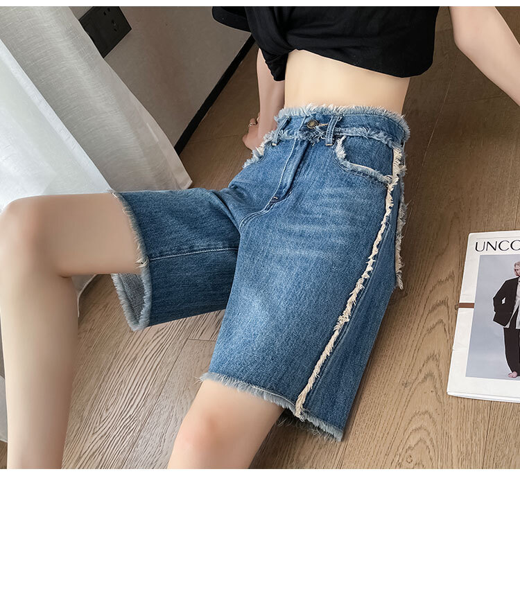 Women's Spring/Summer 2023 New High Waist Loose Wide Leg Ins Trendy 5-point Mid Pants with Hairy Edge Denim Shorts