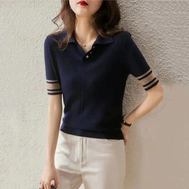 Short Sleeve Polo Shirts Woman Black Women Vintage Sweatshirt Flower Knitted Korean Shirt High Quality Top Cotton 240713