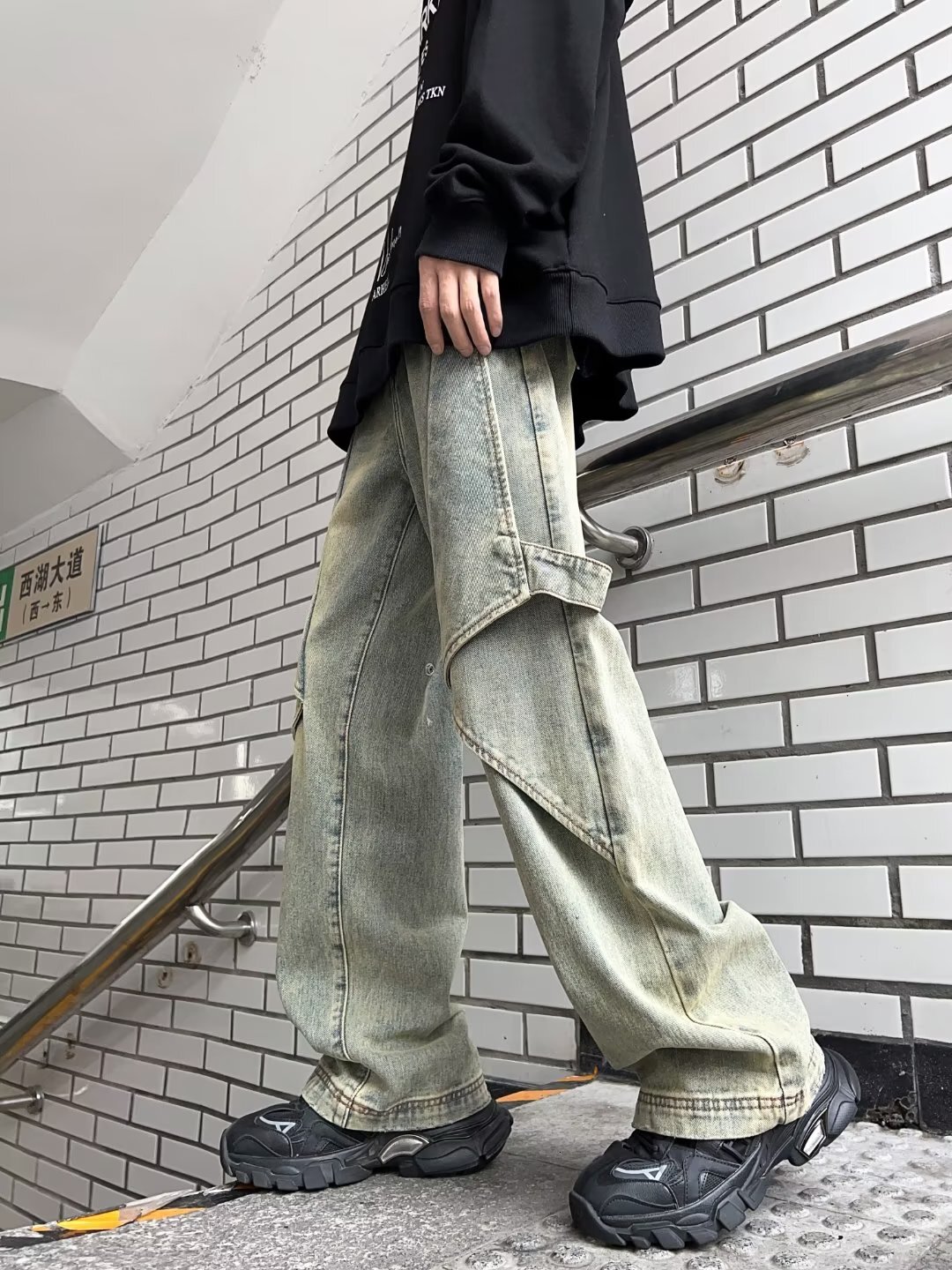 Washed yellow mud jeans for men and women with a niche design sense, American style straight leg work pants