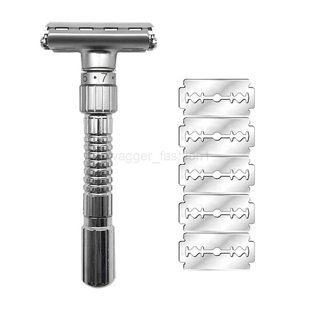 New Adjustable Safety Razor Double Edge Classic Mens Shaving Mild to Aggressive 1-6 File Zinc Alloy Shaver With 5 BladesB240709