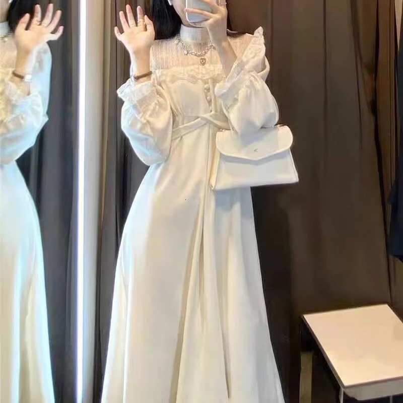 Dresses Women Mesh Teenagers Ins Tunic Fit Midcalf Korean Style Graceful High Street Slim Party Autumn Basic Harajuku Slouchy 240712