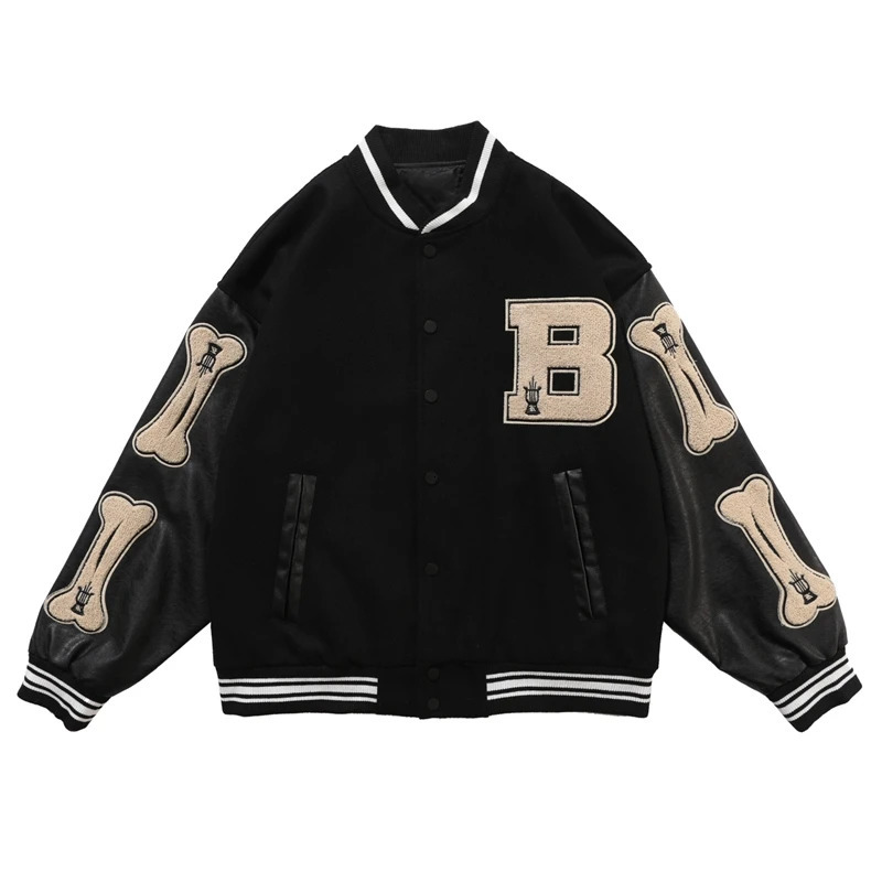 Varsity Baseball Bomber Jacket Women Hip Hop Haruku Bone Letter Patchwork Leather Jackets Streetwear Men Unisex College Coats