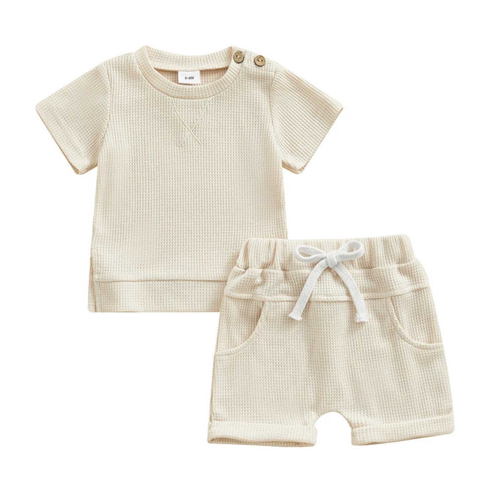 Clothing Sets Toddler Boys Summer Shorts Sets Children Clothing Baby Short Sleeve Crewneck Tops and Solid Color Drstring Shorts Sets 7RI1