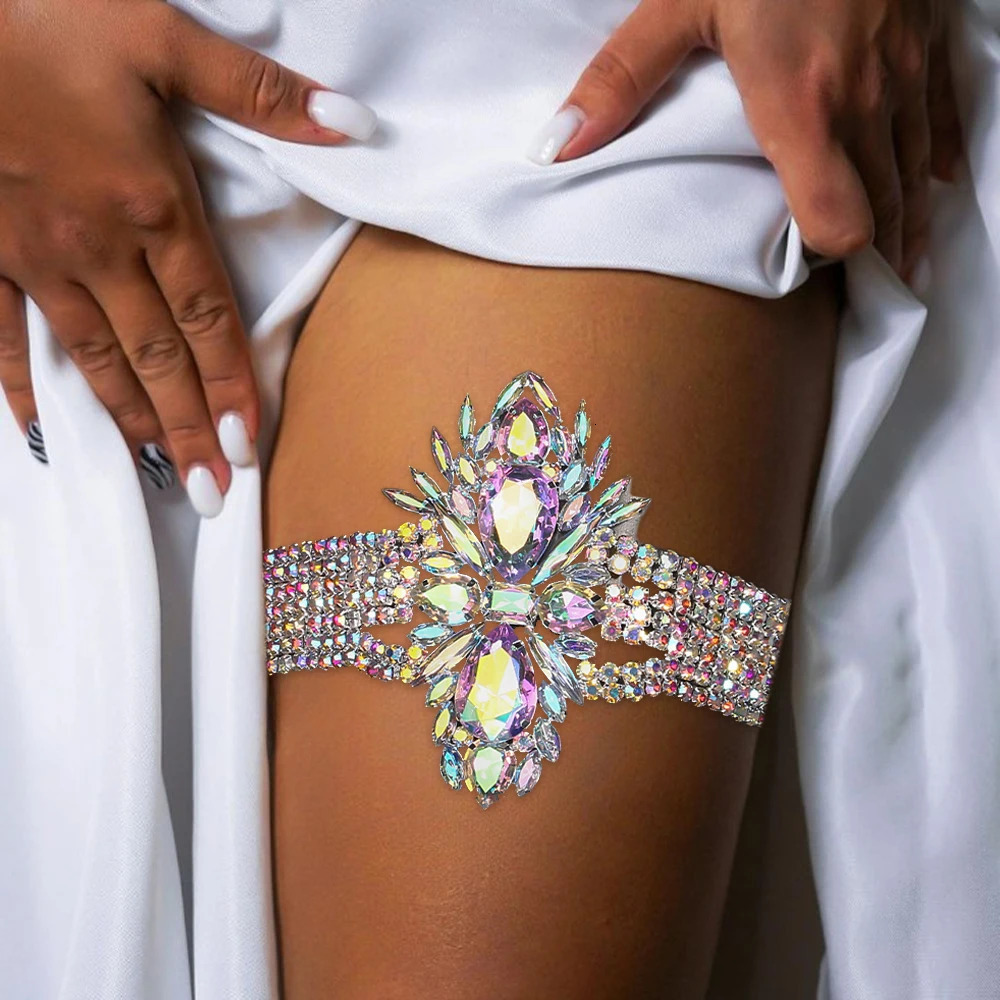 Stonefans Colorful Geometric Thigh Chain Elastic Belly Dance Women Party Exaggerate Crystal Leg Jewelry Garter Body Decoration 240709