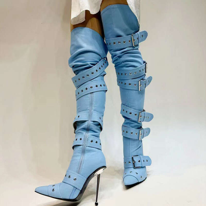 HBP Sexy metal high-heeled pointed belt buckle rivet knee high boots, oversized banquet and fashion boots