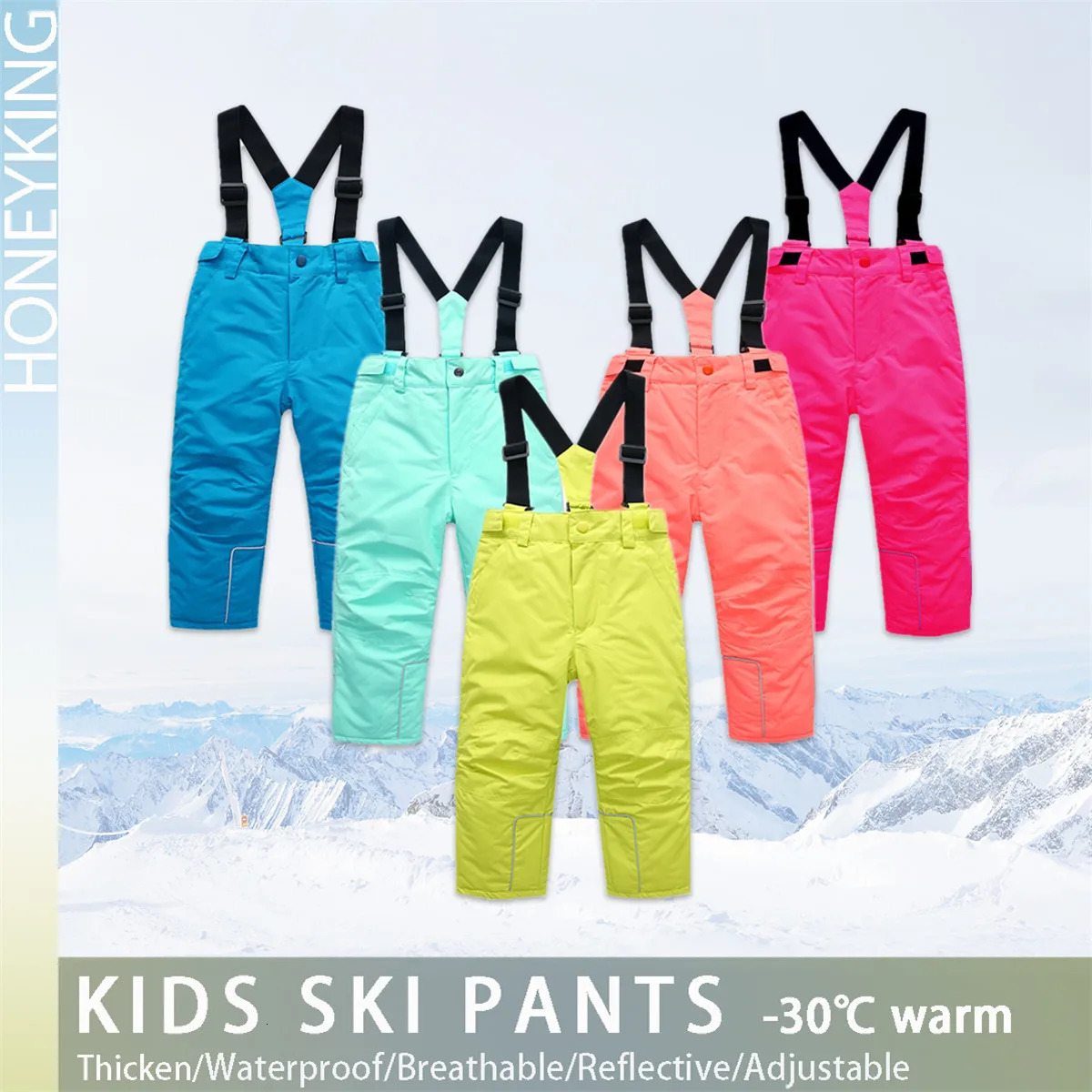 HONEYKING Kids Ski Pants Winter Outdoor Waterproof Warm Ski Trousers Boys And Girls Jumpsuit Overalls Tracksuits Kids Snow Pants 240715
