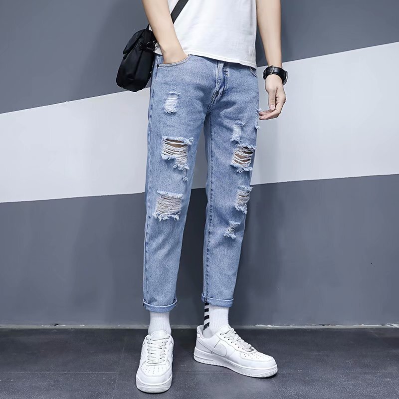 Summer thin cut ripped cropped jeans men's brand slim fit small footed beggar casual pants trendy and versatile