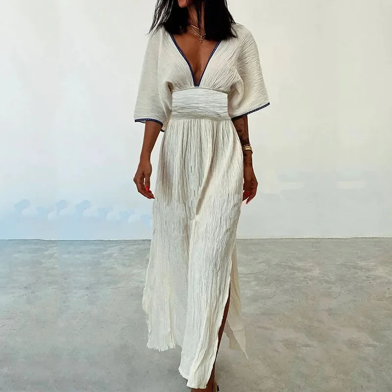 Women Vintage Solid Cotton Linen Dress Spring Deep Vneck Tunic Split Long Summer Batwing Sleeve Boho Maxi Dresses Vestido 240712
