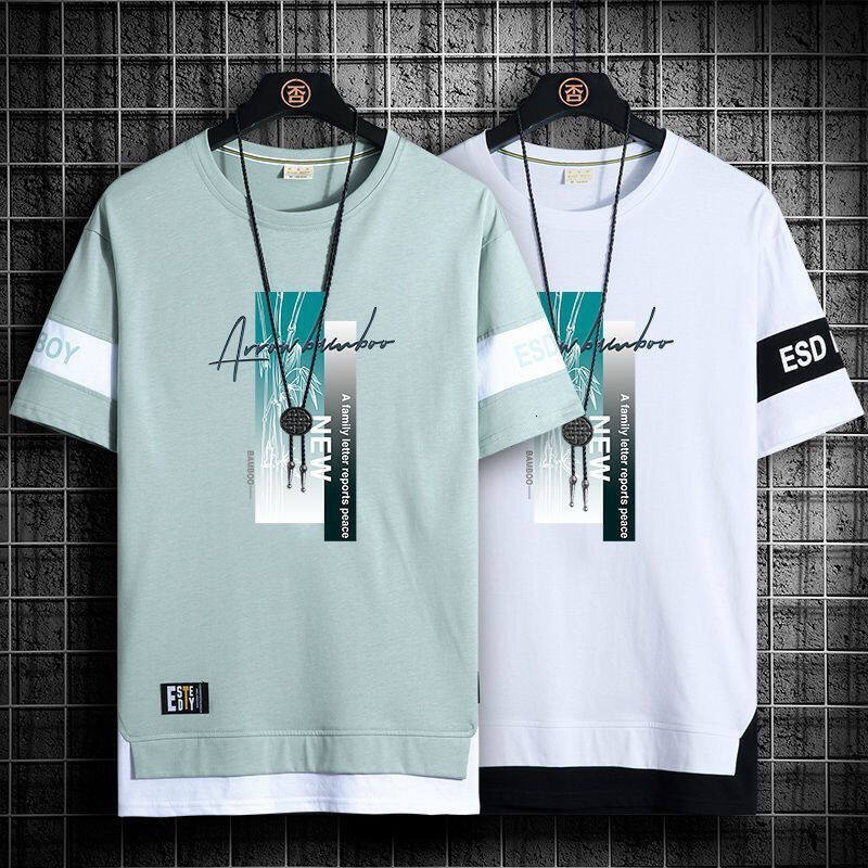 Summer printed short-sleeved t-shirt men's tide brand new loose fake two-piece five-point sleeve ins trend all-match half-sleeve top