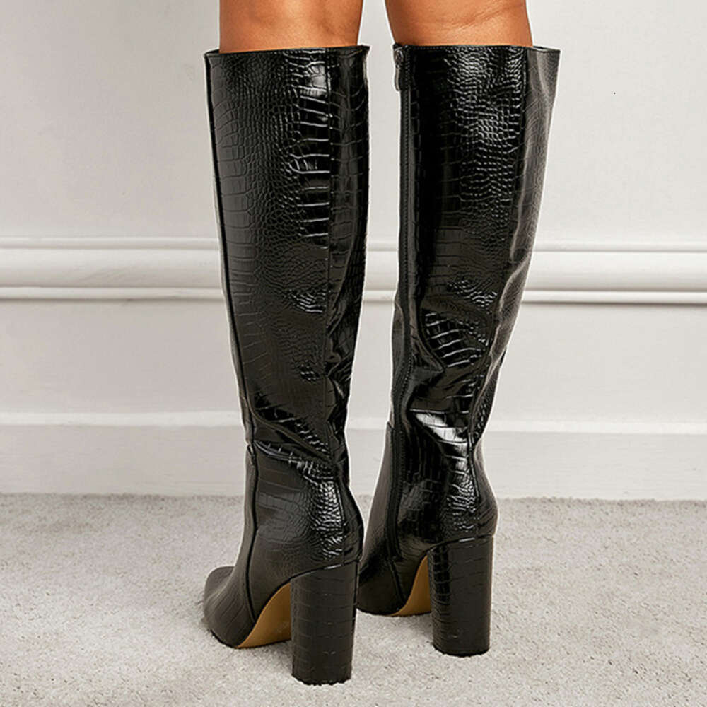 Liyke Black Knee High Boots Women Square Heels Casual Winter Motorcycle Long Shoes Pointed Toe Zip Fashion Cool Knight Bootties