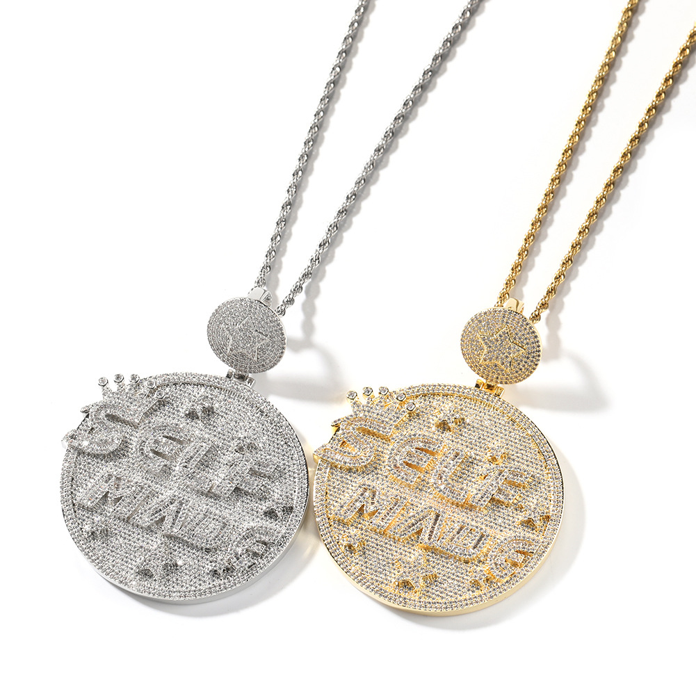 Hip Hop Large Round Plate SELFMANG Letters Pendant Mens Jewelry Full 5A Zircon Rap Jewelry