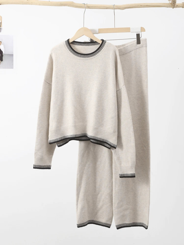 Knitted Long Women Pant Sets Oversized Patchwork Lady Sweater Pullover Suit Wide Leg Elastic Waist Elegant Female Top Set 240712