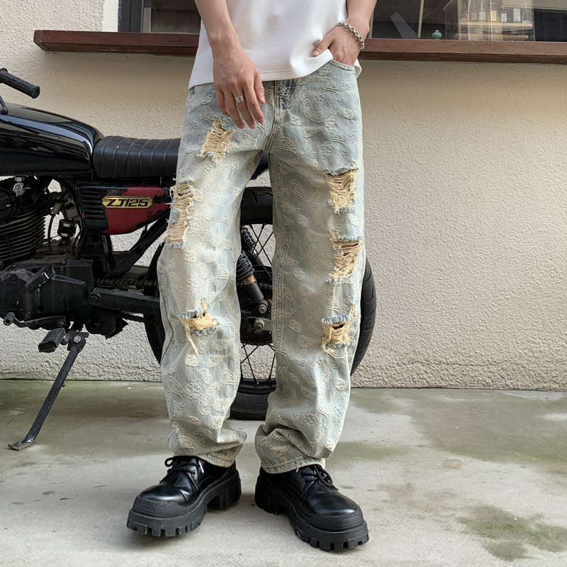 American fashion brand ripped jeans loose straight leg quality jacquard men's denim pants