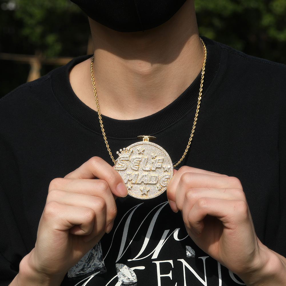 Hip Hop Large Round Plate SELFMANG Letters Pendant Mens Jewelry Full 5A Zircon Rap Jewelry