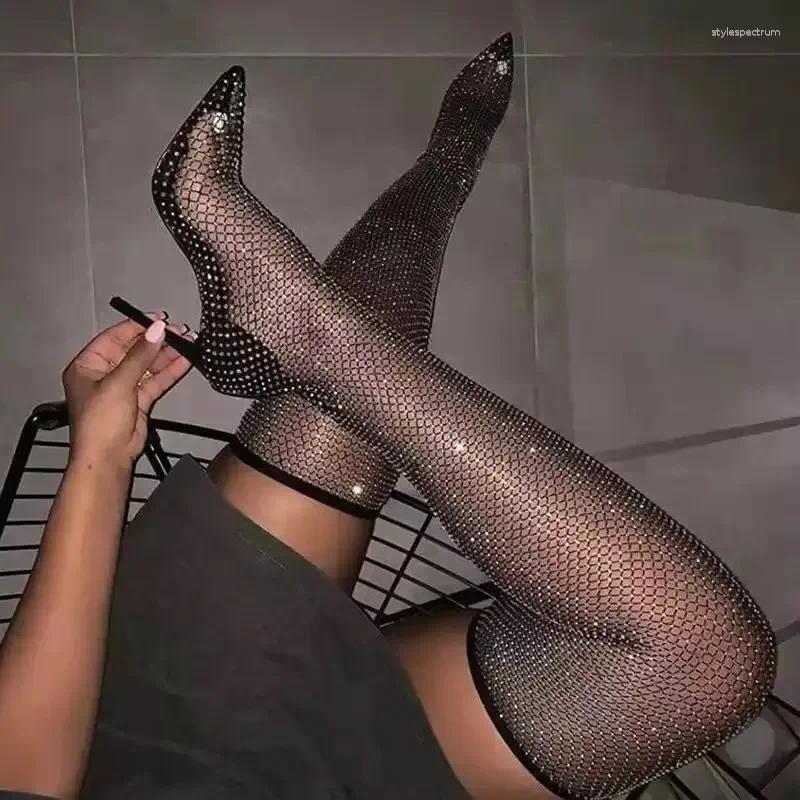 Dress Shoes Summer Sexy Women High Heels Boots Rhinestone Mesh Thigh Over-the-knee Sandals Female Fashion Banquet