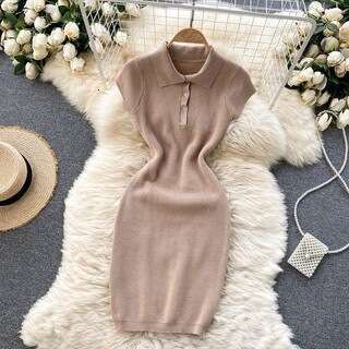 Short Sleeved Knitted 2021 New Summer Dress Womens POLO Collar Slim Fit Short Style Temperament Solid Color Hip Hugging Skirt Bifurcated Round Neck Dr