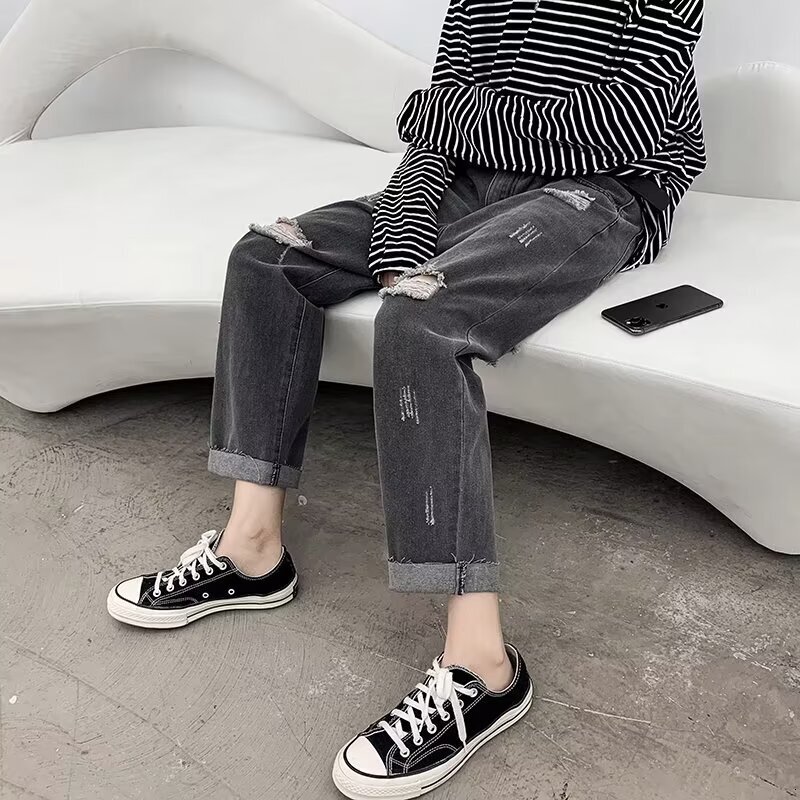 Perforated jeans, men's summer trendy brand, loose fitting straight leg beggar pants, American style explosive street ruffian handsome pants