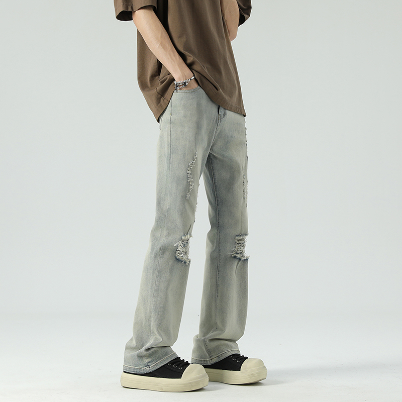 2024Spring and Autumn Mud Dyeing Elastic Hole Explosion Small Straight Pants High Street Clean Fit Trendy Brand Jeans Men