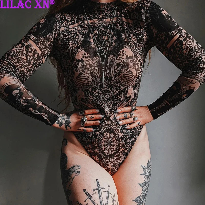 Gothic Print Naked See Through Bodycon Bodysuits Y2K Lace Mesh Long Sleeve Slim Jumpsuits Women Summer T-Shirts Tops Streetwear 240716