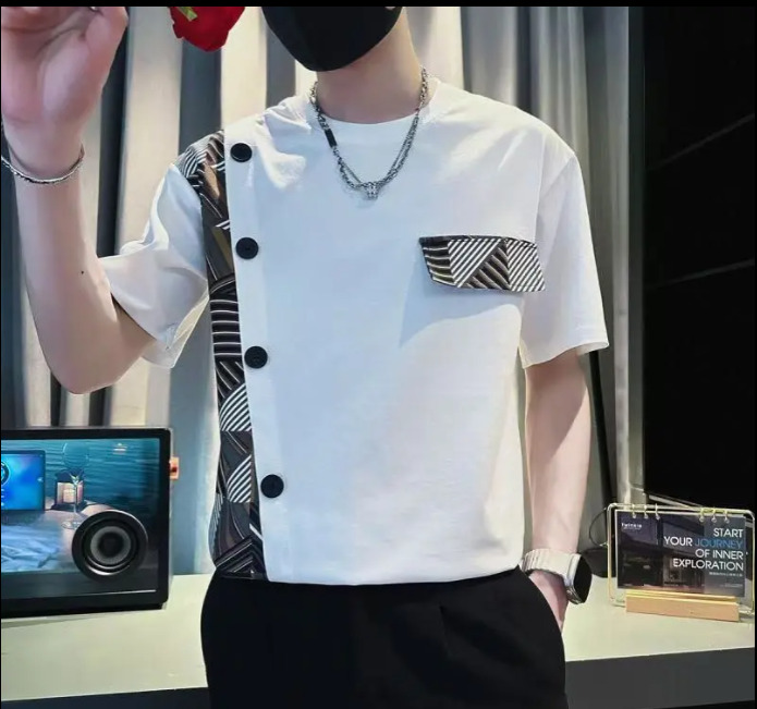 2025 Summer Men's Fashion High end Cotton Splicing Simple and Casual Handsome Short sleeved Shirt with Versatile Collar