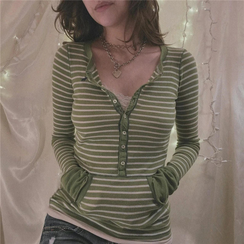 Xingqing Stripe T Shirts for Women Button V Neck Long Sleeve Tops with Pocket y2k 2000s Fairy Grunge Clothes Vintage Streetwear 240716