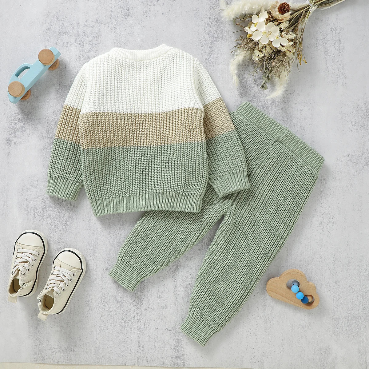 0-3Yrs Baby Boys Knitted Clothes Sets Cotton Long Sleeve Sweater Tops Pants 2Pcs Warm Fall Toddler Kids Girls Patchwork Outfits 240710