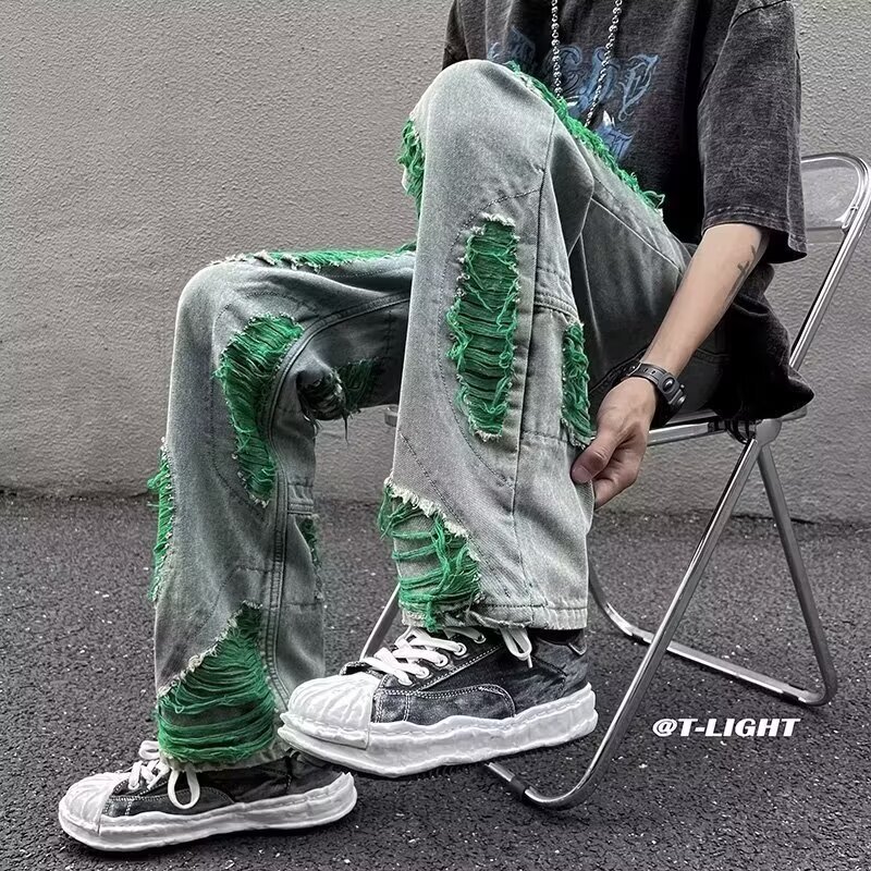 Washed jeans with ripped holes, men's hip-hop explosive pants, high street Instagram trendy brand straight leg pants