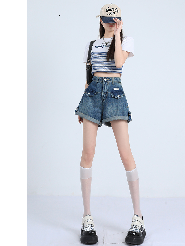 Blue denim shorts for women 2023 summer new versatile fake pocket A-line pants, high waist slimming fashion rolled edge pants