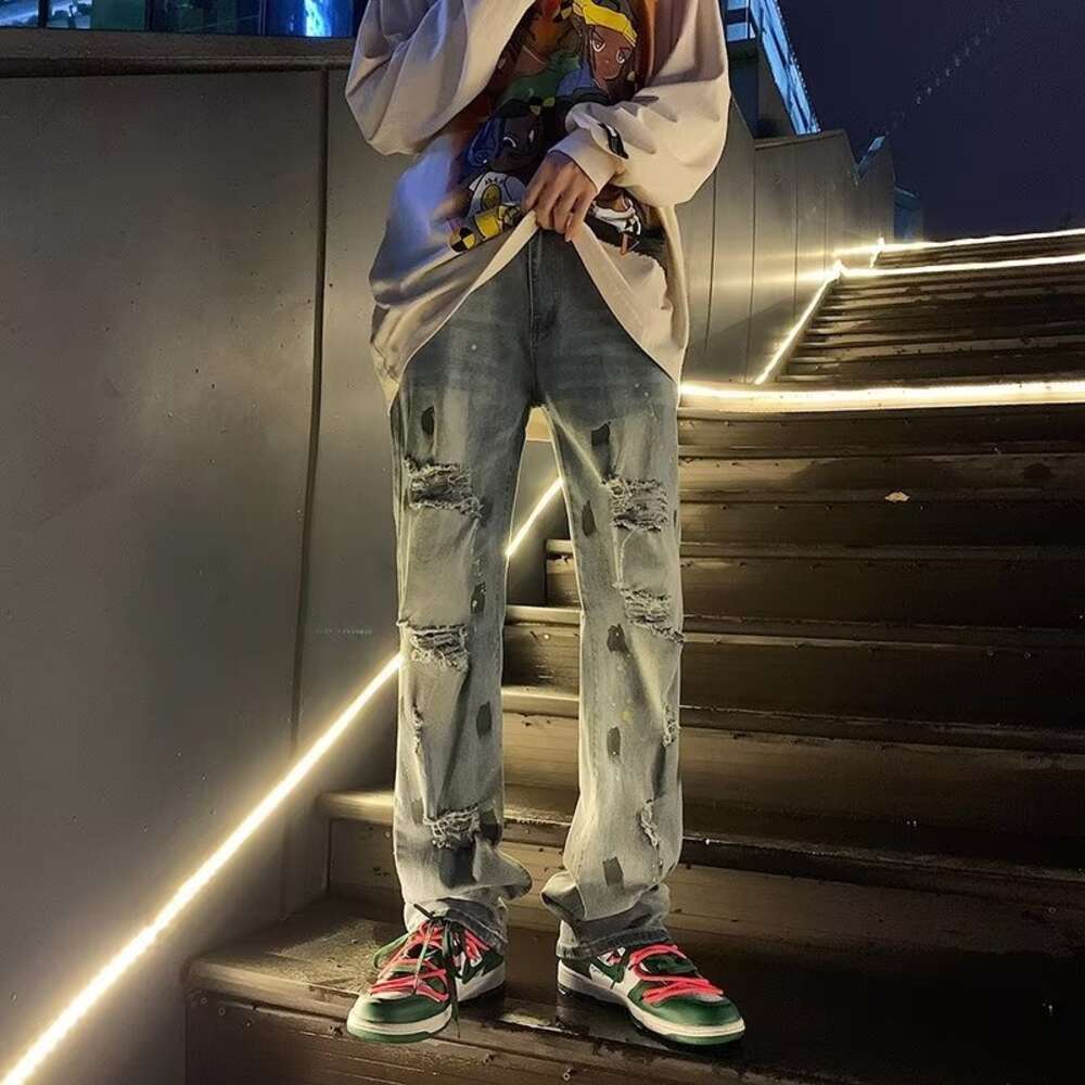 Trendy high street ripped jeans for men, ins with a sense of luxury, loose and casual straight fashion, summer wide leg pants