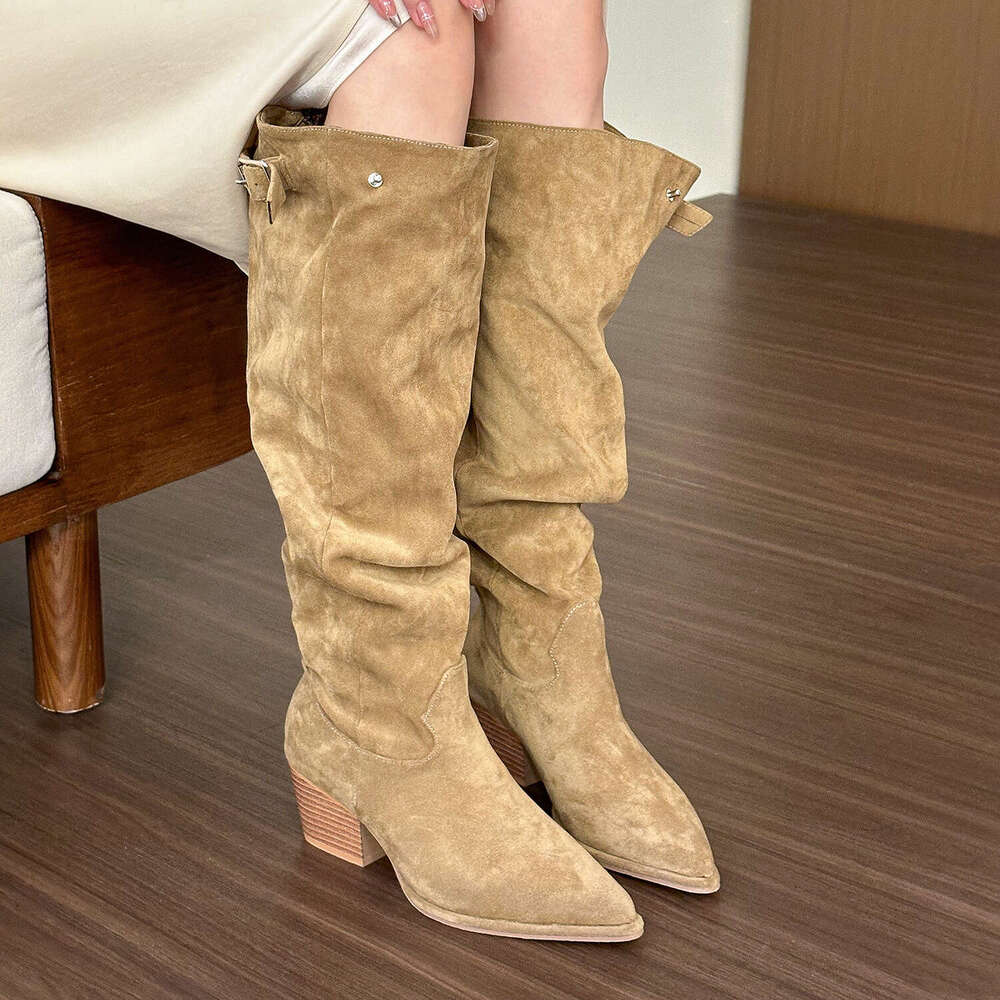 HBP spicy girl khaki pointed toe thick heel pile up long boots for women in autumn 2024 heel hight 6-8cm