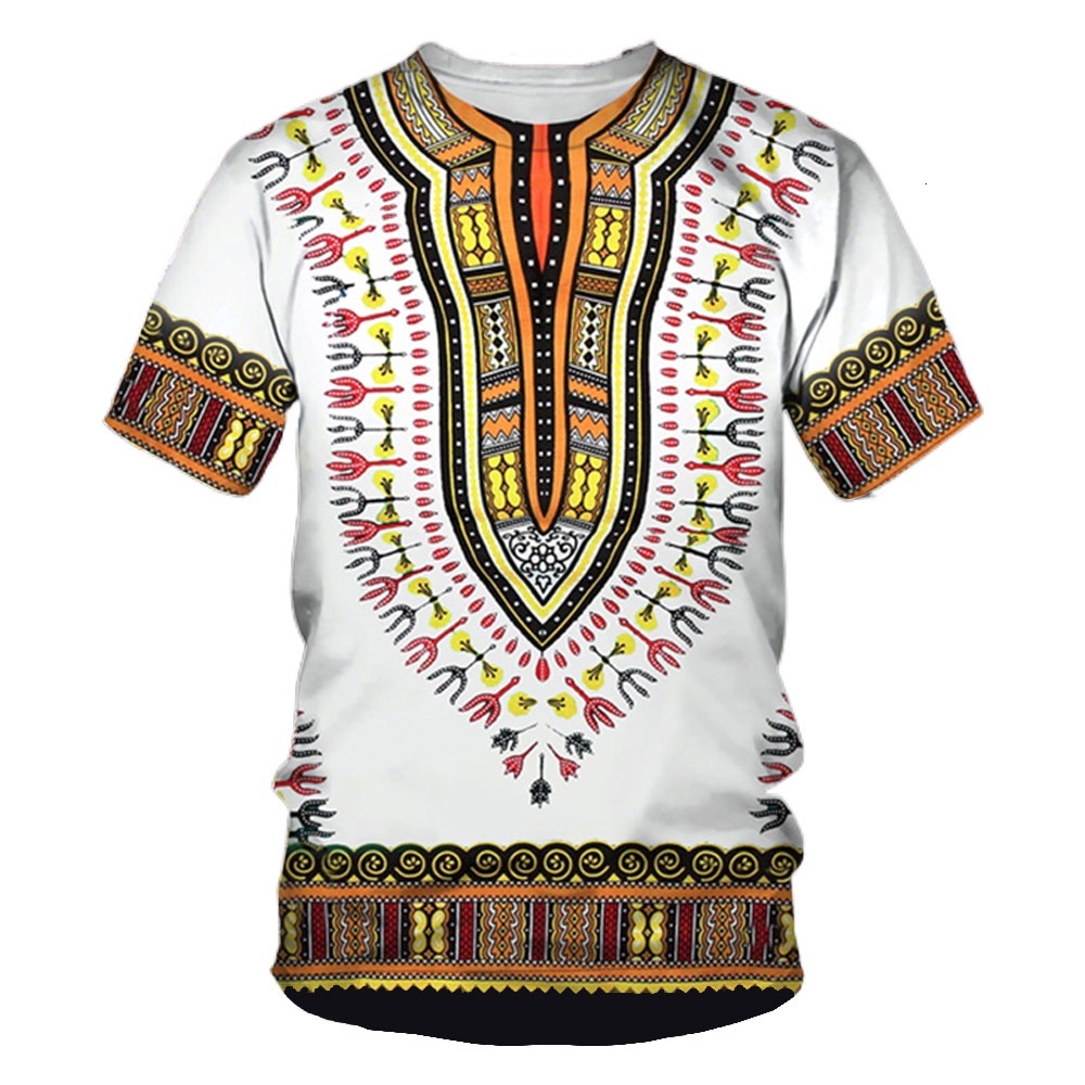 African Men's 3D Printed Dashiki T-shirt Traditional Short Sleeved Casual Street Clothing Retro Ethnic S
