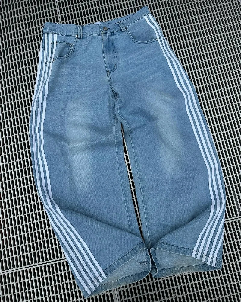 American Fashion Side Piping Striped Baggy Jeans Women Y2K Street Vintage Pop Gothic Casual Joker High Waist Wide Leg Pants 240713