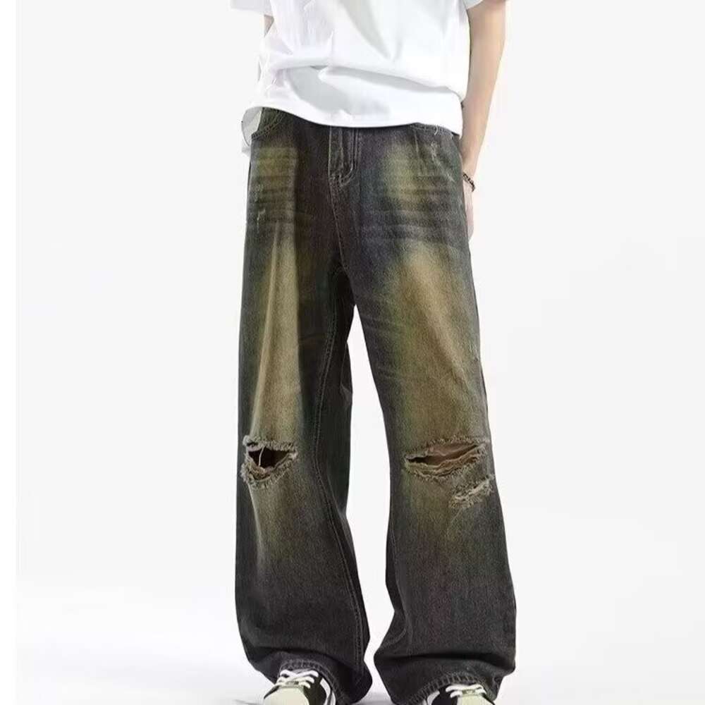 American distressed design floor length jeans, niche high street loose versatile wide leg pants, cool and trendy dance style
