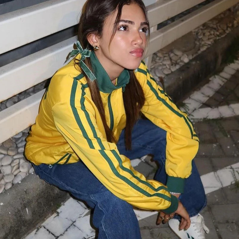 BRASIL Yellow Vintage Jackets Womens Oversized Harajuku Zipper Windbreaker Y2k Streetwear Loose Coats Autumn Trend Sweatshirts 240717