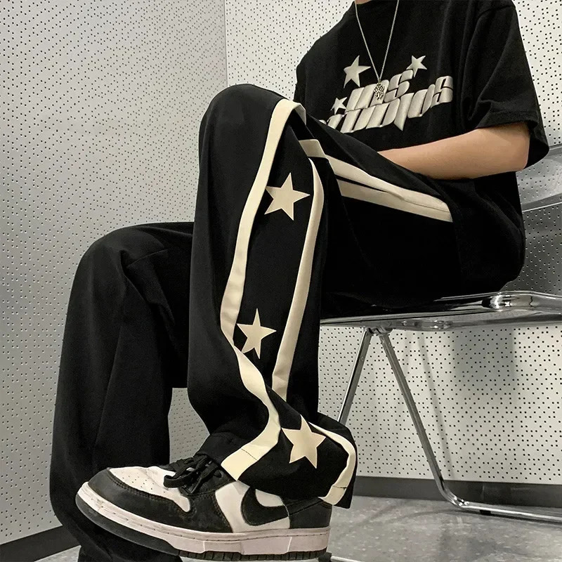 Y2K Star Sweatpants Men Black Sports Pants Wide Leg Trousers Male Japanese Streetwear Hip Hop Graphic Loose Casual 240717