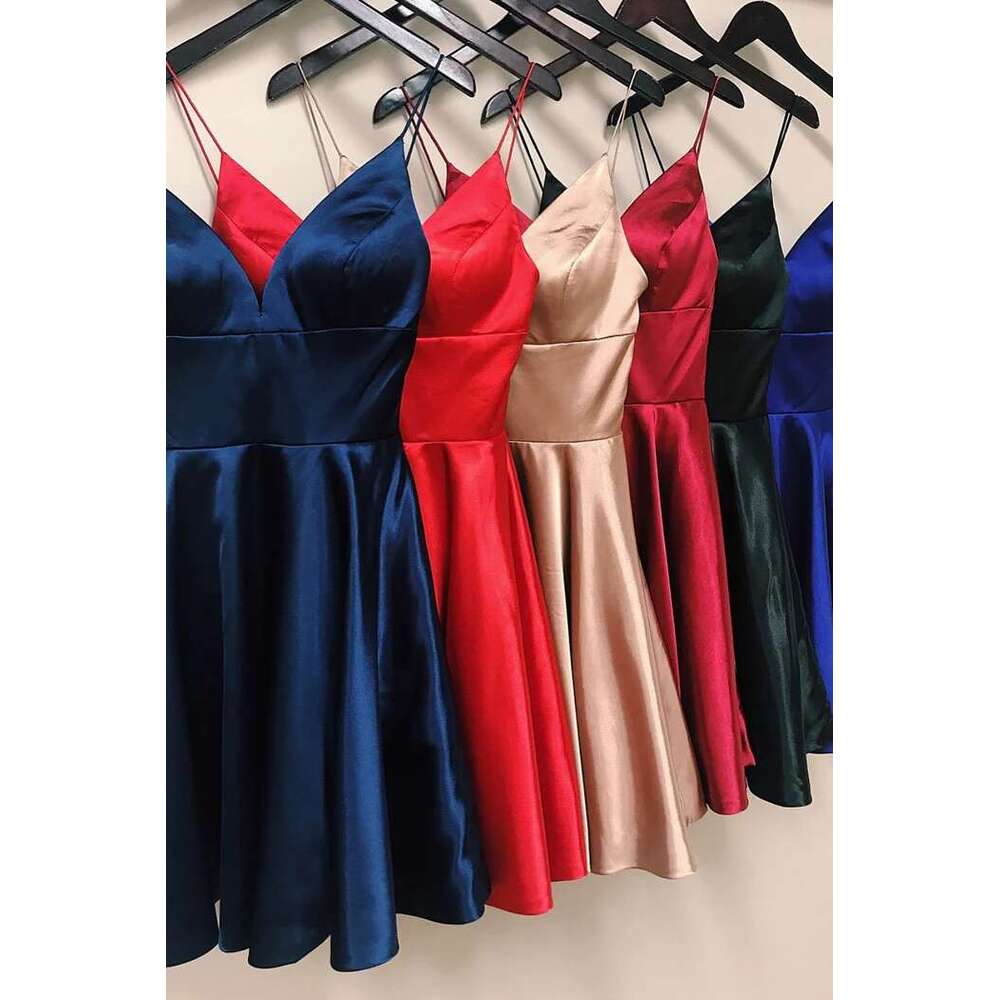Straps Homecoming Spaghetti Fuchsia Sweetheart Ruffles Pockets Short Prom Tail Dresses Satin Above Knee Evening Party Dress BM4008