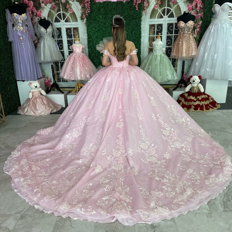 Pink Shiny Quinceanera Dress Ball Gown Off The Shoulder Lace Appliques Tull Birthday Party Sweet 16 Vestidos De 15 Anos