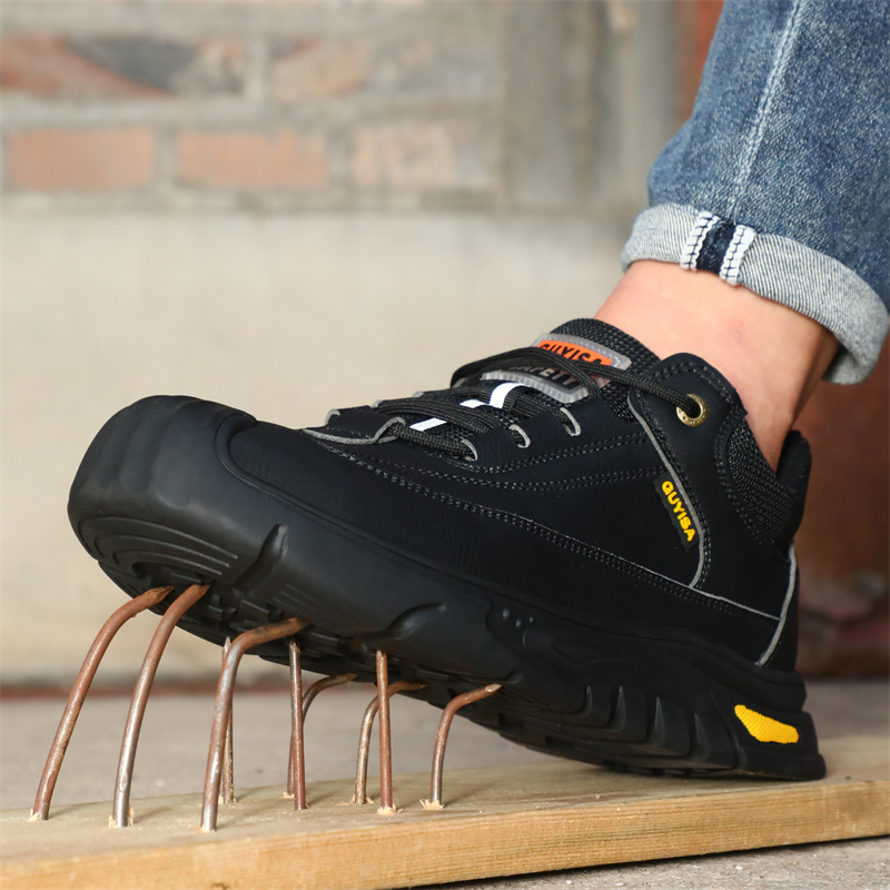 Black Leather Work Safety Waterproof Indestructible Steel Toe Cap Labor Shoes For Men Breathable Anti Smashing Sneakers