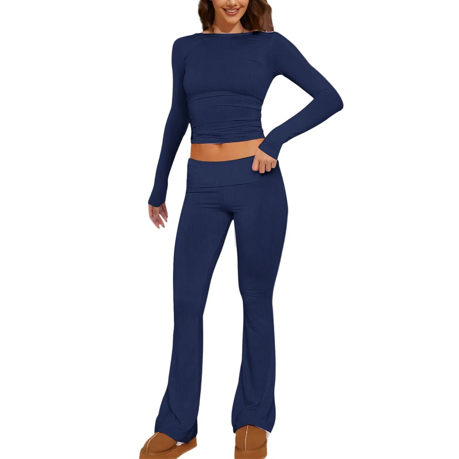 Womens 2 Piece Sets Fold Over Flare Pants Set Long Sleeve Women Petite Suits Suit Jackets And Knit Warm up 240712