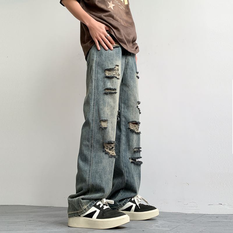 High street American casual ripped jeans men's summer loose straight leg trendy brand pants