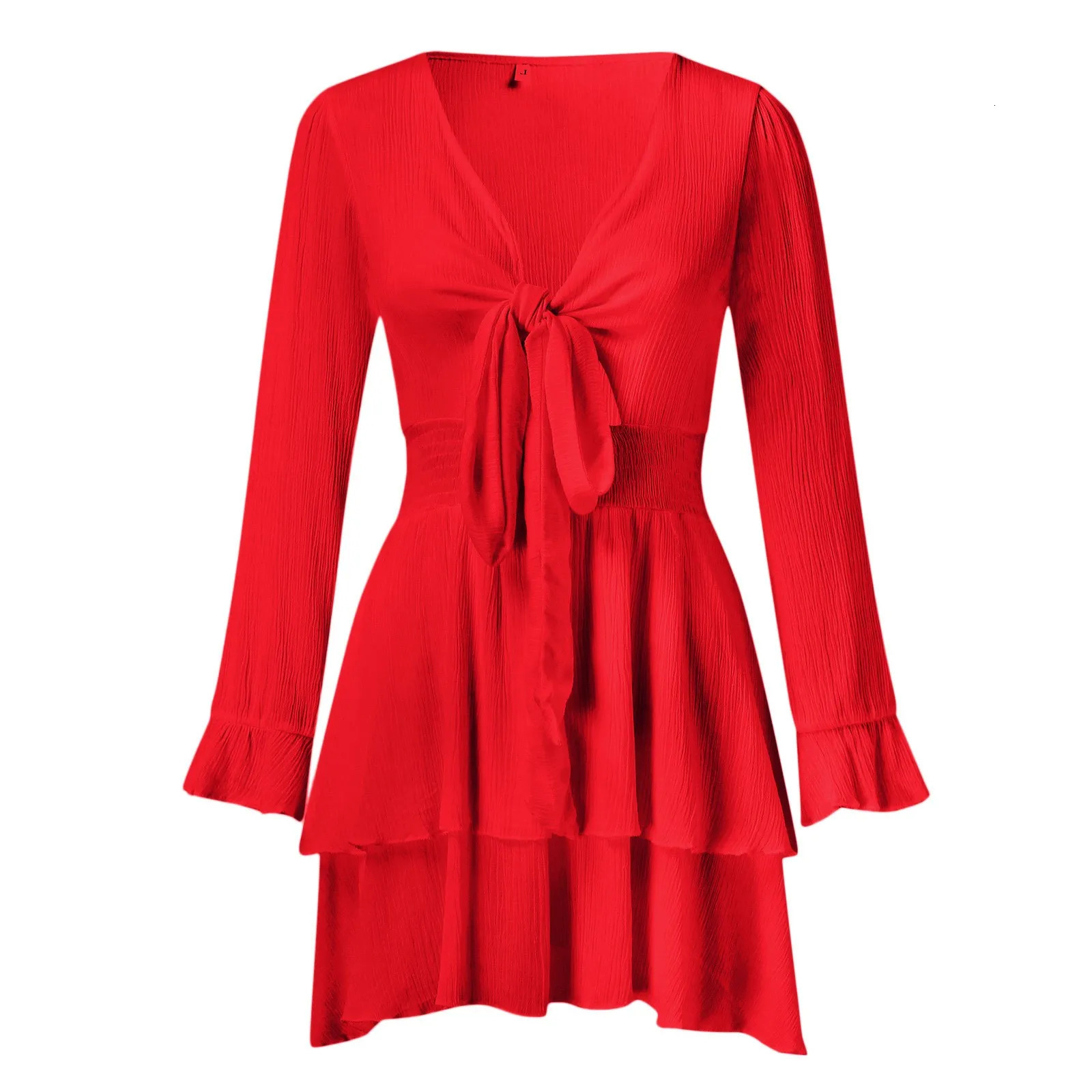 Women Flare Sleeve White Dresses Slim Knot Front V Neck Ruffles Swing Mini Dress Ladies Tunic Sundress Chiffon Short 240712