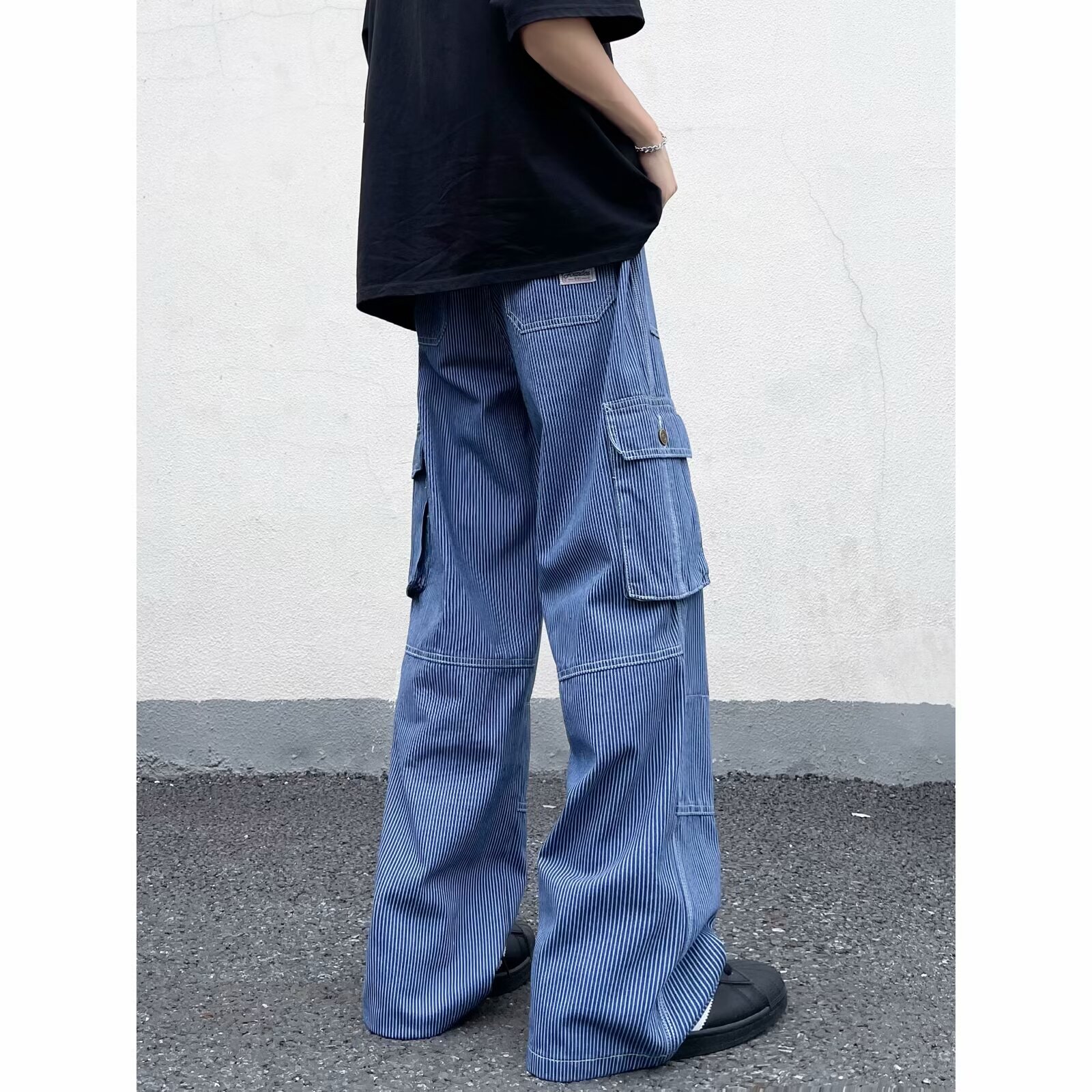 American striped workwear jeans summer street multi pocket high waist straight loose wide leg pants