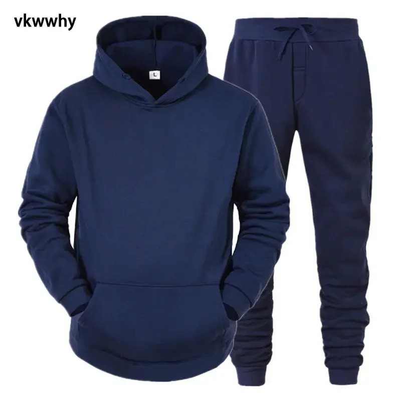 Mens Hoodie Pants 2 Piece Suit Winter Jogging Tracksuit Woman Oversized Sets Fleece Sweatshirt Pullover Clothing Blue 240715